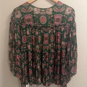 Anthropologie Green and Pink Floral Blouse